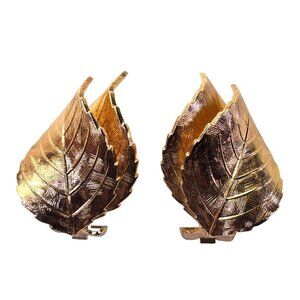 Grosse 1967 Germany Gold Tone Textured Leaf Clip On Earrings Vintage Signed